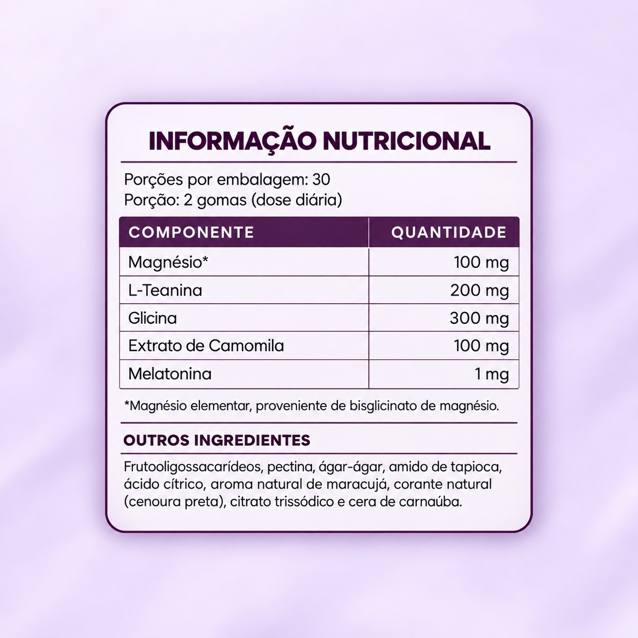 Nuvia Sleep — informação nutricional