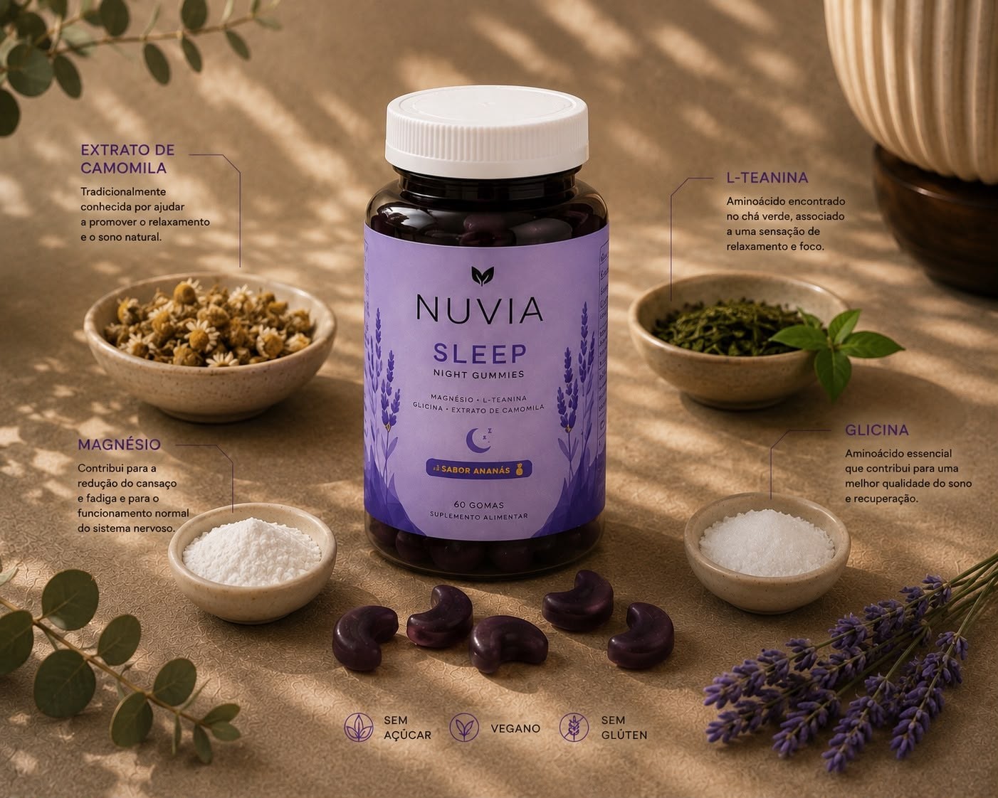 Frasco Nuvia Sleep rodeado pelos ingredientes: melatonina, magnésio, L-teanina, glicina, camomila e maracujá