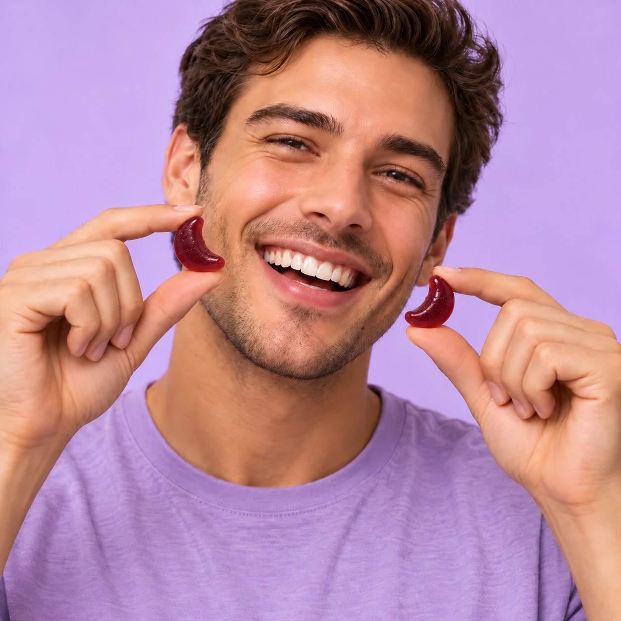 Pessoa sorridente a segurar duas gomas Nuvia Sleep em forma de lua